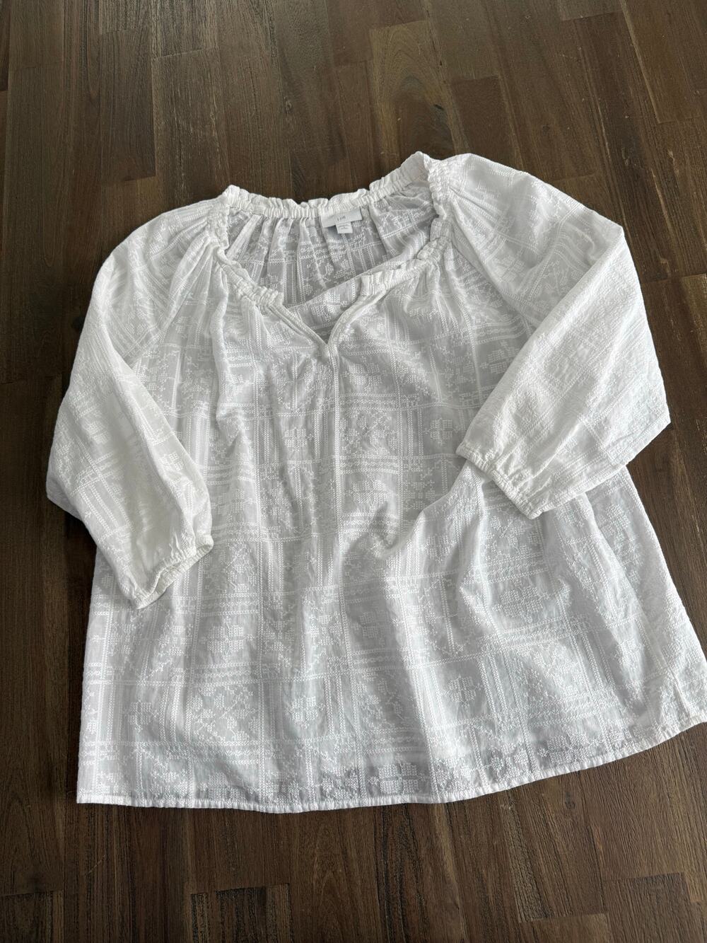 J. Jill Small Petite White Embroidered Peasant Blouse 3/4 Sleeve